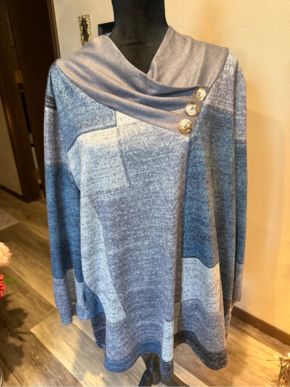 BloomChic Blue Gradient Cowlneck Sweater with Button Detail